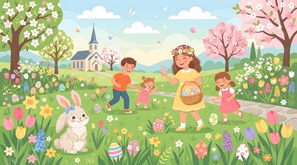 Fototapeta premium Whimsical spring meadow illustration showing children playing among wildflowers and rabbits beside a village church