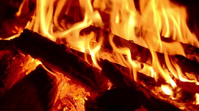 Seamless Loop of Intense Fire Flames Burning Firewood with Crackling Sound, Close Up Night Campfire, Glowing Coals, ASMR Nature Audio, Blaze Overlay Animation Background Footage.
