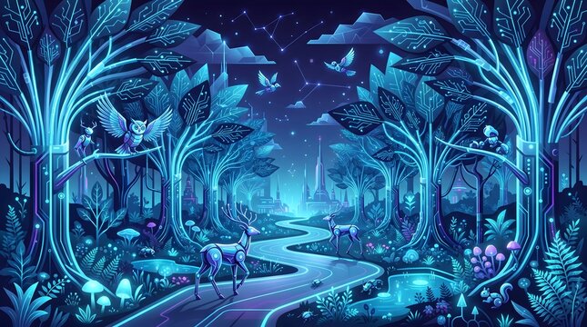 Bioluminescent fantasy forest with a glowing winding stream and luminous plants digital illustration