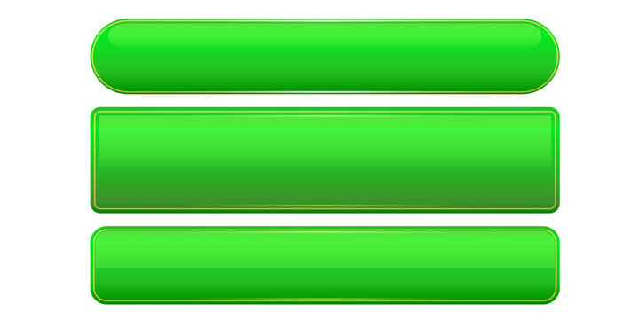 Green wide web buttons set isolated on white background. Vector illustration of glossy glass buttons banners with golden outline, oval and rounded rectangle shapes for application UI and UX design.