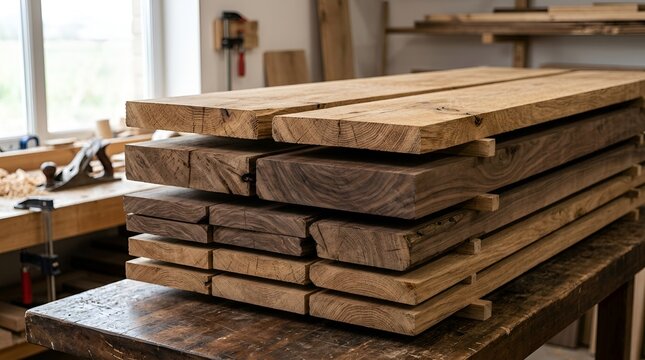 Stacked lumber in workshop, raw wood planks, carpentry materials indoors