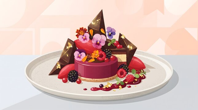 Decorated chocolate berry cake with strawberries and floral accents on a plate against a pastel geometric background