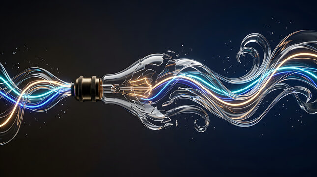 Glowing light bulb with abstract energy flowing liquid streams on dark background abstract creative
