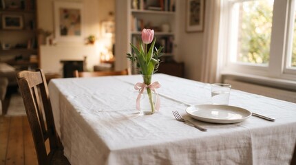 Fototapeta premium Elegant Dining Table Setting with Single Pink Tulip Centerpiece, Minimalist Lifestyle Concept for Spring Events