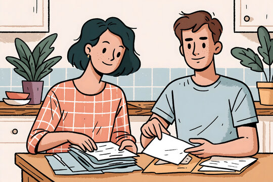 A Cozy Kitchen Moment: A Couple Engaging in Conversation While Organizing Their Documents, Embodying Togetherness and Modern Lifestyle in a Warm Home Environment