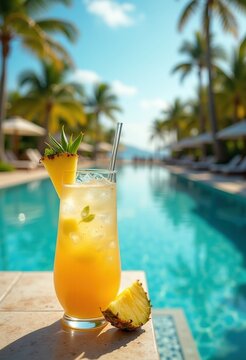 Tropical Paradise Resort Pool Serene Views Refreshing Pineapple Mocktail Splash Under Blue Sky