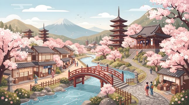 Traditional Japanese village garden with cherry blossoms pagoda and red arched bridge in spring