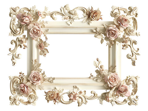 Elegant cream antique frame featuring ornate floral carvings and blush roses