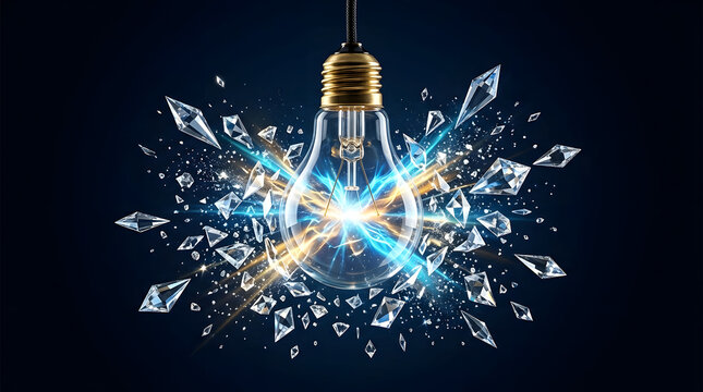 Shattering light bulb with explosive fragments and electrical energy sparks shattered explosion