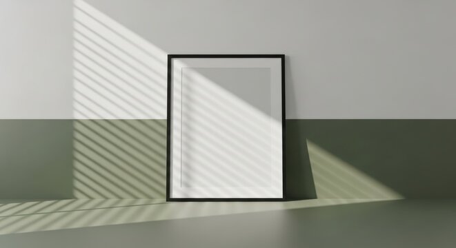 Minimalist black framed empty picture frame leaning against a wall