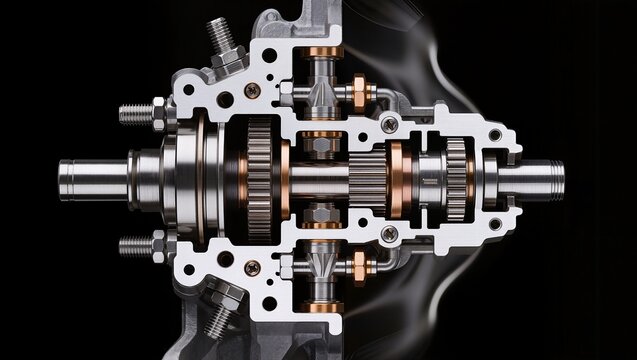 Synchro hub layshaft gearbox brass oiler jet assembly cutaway, black background