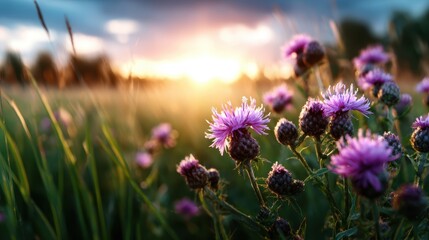 Obraz premium This stunning image captures a field of vibrant wildflowers bathed in sunset light, creating an enchanting atmosphere filled with color and natural beauty.
