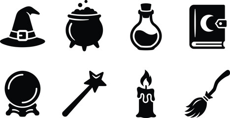 Halloween witchcraft magic supplies icon set. pointed witch hat with buckle, bubbling cauldron, magic potion bottle, grimoire spell book with crescent moon, crystal ball, magic star wand, burning cand © MDRAJU