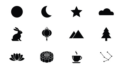 Obraz premium Minimalist black and white cultural symbols icon collection with high contrast grid nine black silhouette icons representing celestial bodies