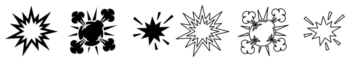 Fototapeta premium Icons, cartoon style comic burst stickers with dynamic smoke and impact effects, collection of decorative blast shapes for graphic design and pop art projects