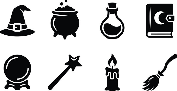 Halloween witchcraft magic supplies icon set. pointed witch hat with buckle, bubbling cauldron, magic potion bottle, grimoire spell book with crescent moon, crystal ball, magic star wand, burning cand