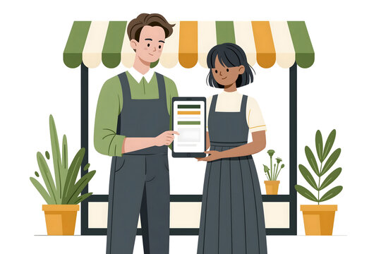 Embracing Modern Commerce: A Showcase of Digital Vendor Interaction at a Lively Marketplace with Engaging Plant Displays and Teamwork