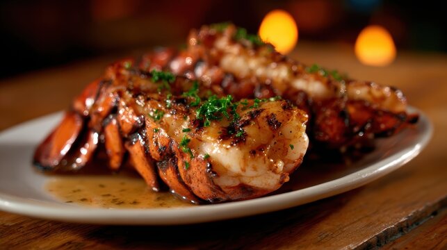 Succulent grilled lobster tails topped with a rich garlic butter sauce, elegantly plated to showcase the inviting textures and mouthwatering appeal for seafood lovers and gourmet enthusiasts.