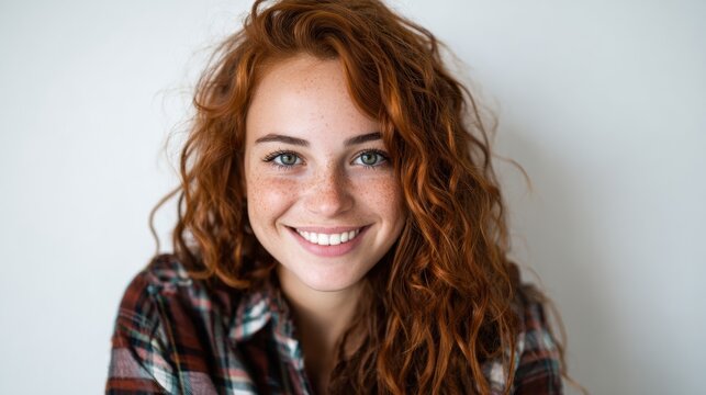 A vibrant young woman with curly red hair and freckles is smiling directly at the camera, radiating positivity and confidence in a natural, casual setting.