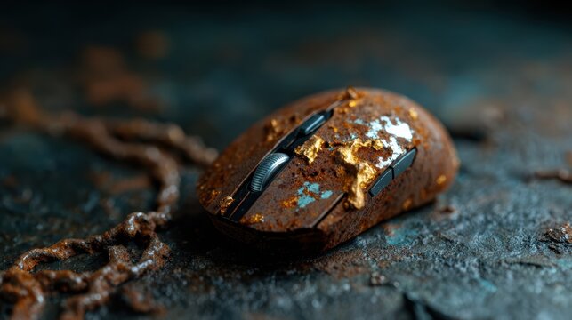 A weathered, rusty computer mouse resting on a rugged surface, illustrating the passage of time and decay in technology and the remnants of usage.