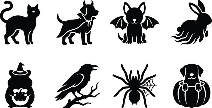 Halloween costume pets animals icon set. black cat with glowing eye, dog in devil horns costume, puppy with bat wings, ghost bunny rabbit, hamster in witch hat holding pumpkin, raven crow on branch, s