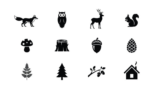 Black and white forest themed icons set with evoking serene woodland atmosphere clean bold outlines neutral background collection with icon collection