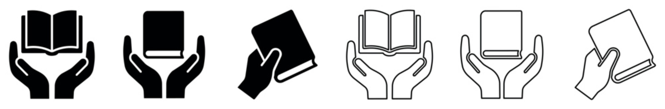 Icons showing hands holding books in various styles and angles, symbolizing reading, education, knowledge sharing, and learning concepts for digital and graphic design