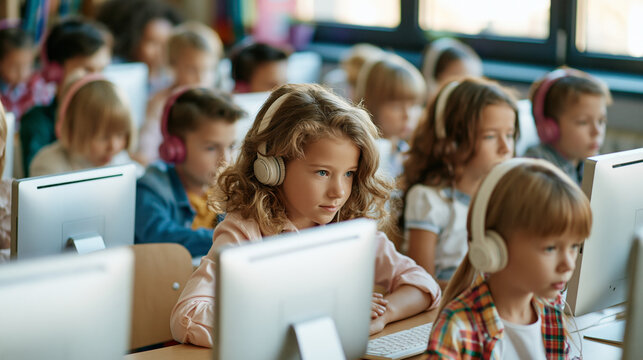 Group of elementary students wearing headphones focused on computers in a modern classroom computer lab