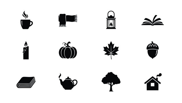Minimalist black and white seasonal lifestyle icon set with cozy autumn elements with seasonal comfort minimalist flat design style symbolic objects evoking