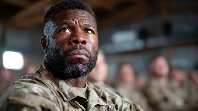 A soldier in uniform gazes thoughtfully during a military briefing, showcasing determination and resolve amidst a somber and inspiring setting, reflecting deep introspection.