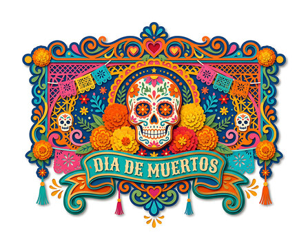 Celebrating Dia de Muertos with colorful decorations and a sugar skull pattern
