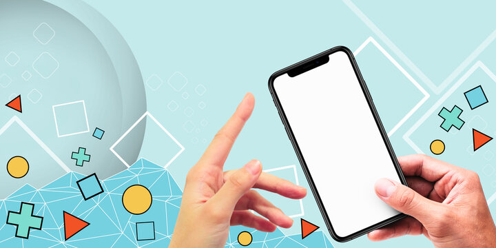 Hand holding a smartphone with a white screen surrounded by geometric shapes in a concept of technology and creative innovation