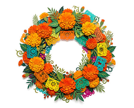 Bright floral wreath for Day of the Dead celebration with marigolds and papel picado