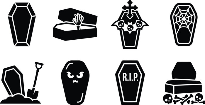 Halloween coffin casket spooky icon set. closed coffin, skeleton hand reaching from open coffin, coffin with cross and bat wings, spiderweb coffin lid, coffin buried in grave ground with shovel, spook