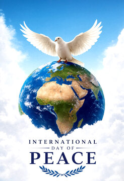 Beautiful white dove with open wings perched on earth globe symbolizing international peace day concept