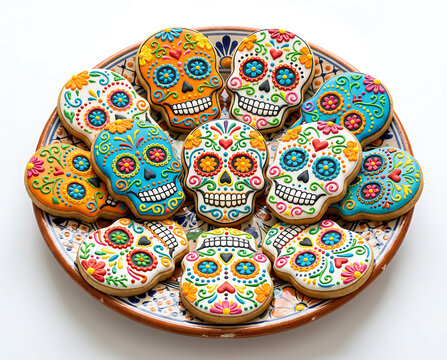 Colorful sugar skull cookies for Day of the Dead celebration in a traditional dish