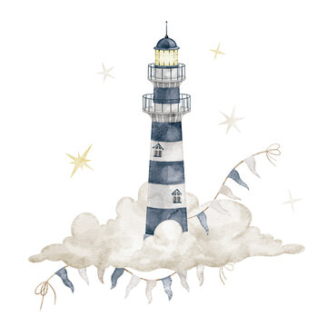 Lighthouse in sky watercolor illustration. Isolated Beacon on cloud island with stars and garlands. Fantasy landmark for travel artwork, nursery poster and fantasy childish storybook.
