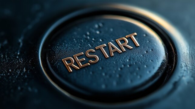 Close up of a metallic restart button with start text, symbolizing reboot, new beginning, and system recovery.