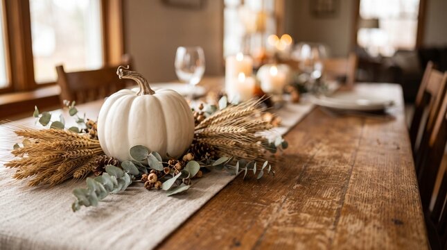 White pumpkin centerpiece table decor for autumn dinner interior
