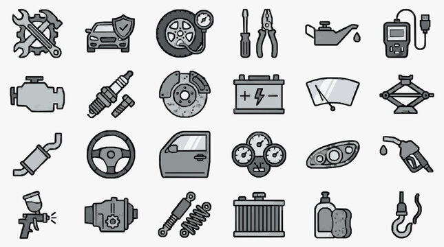 Industrial Black and White Line Drawing Icons Set of Various Car Maintenance Tools and Auto Parts