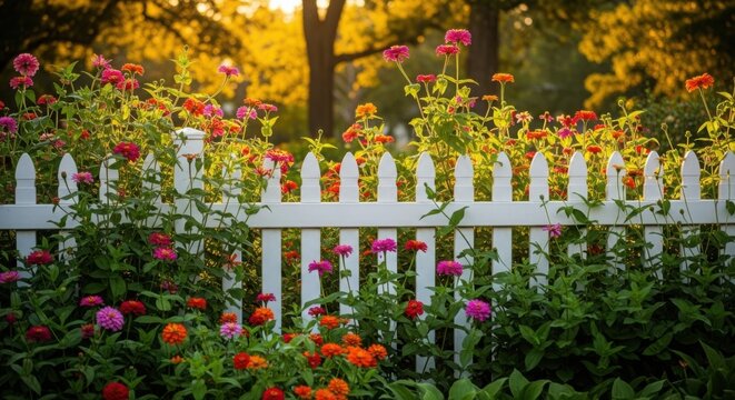 Colorful flowers blooming behind a white picket fence in a sunny garden illustration
