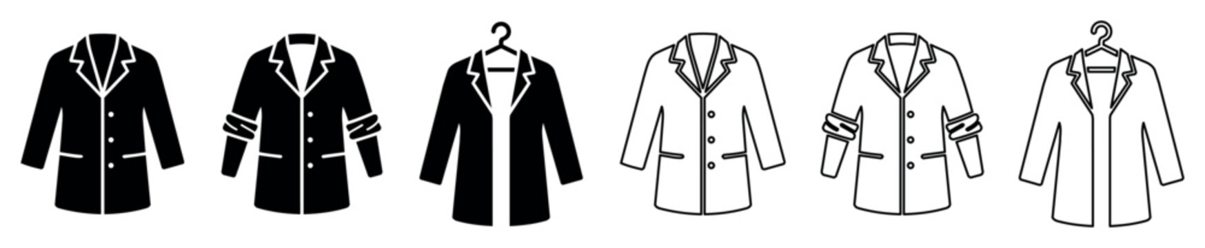 Formal jacket and blazer icon set. Vector illustrations of men's and women's coat outerwear including business suit jackets and casual blazers in flat and outline style for fashion, clothing, and