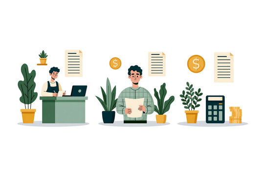 Dynamic Office Scene Illustrating Business Operations with Engaged Employees in a Collaborative Environment Surrounded by Greenery and Financial Components