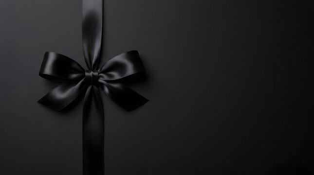 Black silk ribbon bow on dark background. Elegant gift wrap decoration for luxury events.