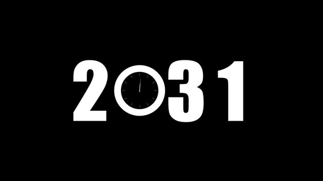 White bold numerals 2031 with a clock face replacing the zero on a stark black background representing the passage of time and future year