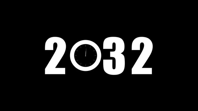 Bold white numerals 2032 with a clock face integrated into the zero on a deep black background symbolizing the progression of time and the upcoming year