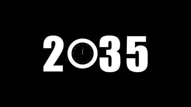 White bold numbers 2035 with a clock face replacing the zero on a stark black background symbolizing the continuous passage of time and the future year