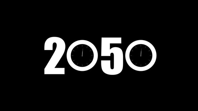 White bold numbers 2050 with clock faces replacing the zeros against a stark black background symbolizing future time and deadlines