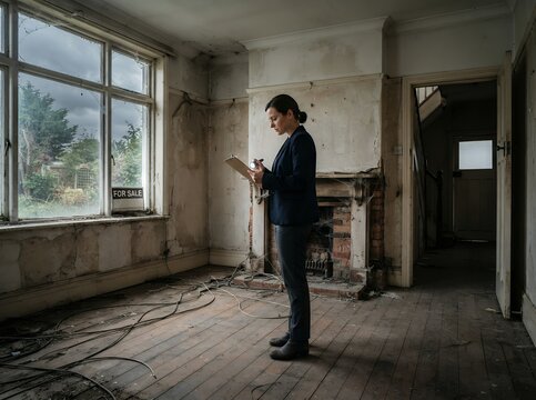 Woman Inspecting Dilapidated Room with Large Window and Fireplace.