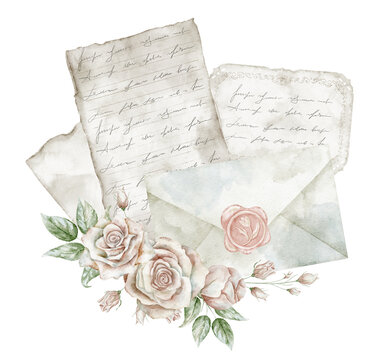 Watercolor vintage stationery composition with letters, roses and envelope on isolated background. Illustration of romantic arrangement for wedding invitations, scrapbooking and greeting card.